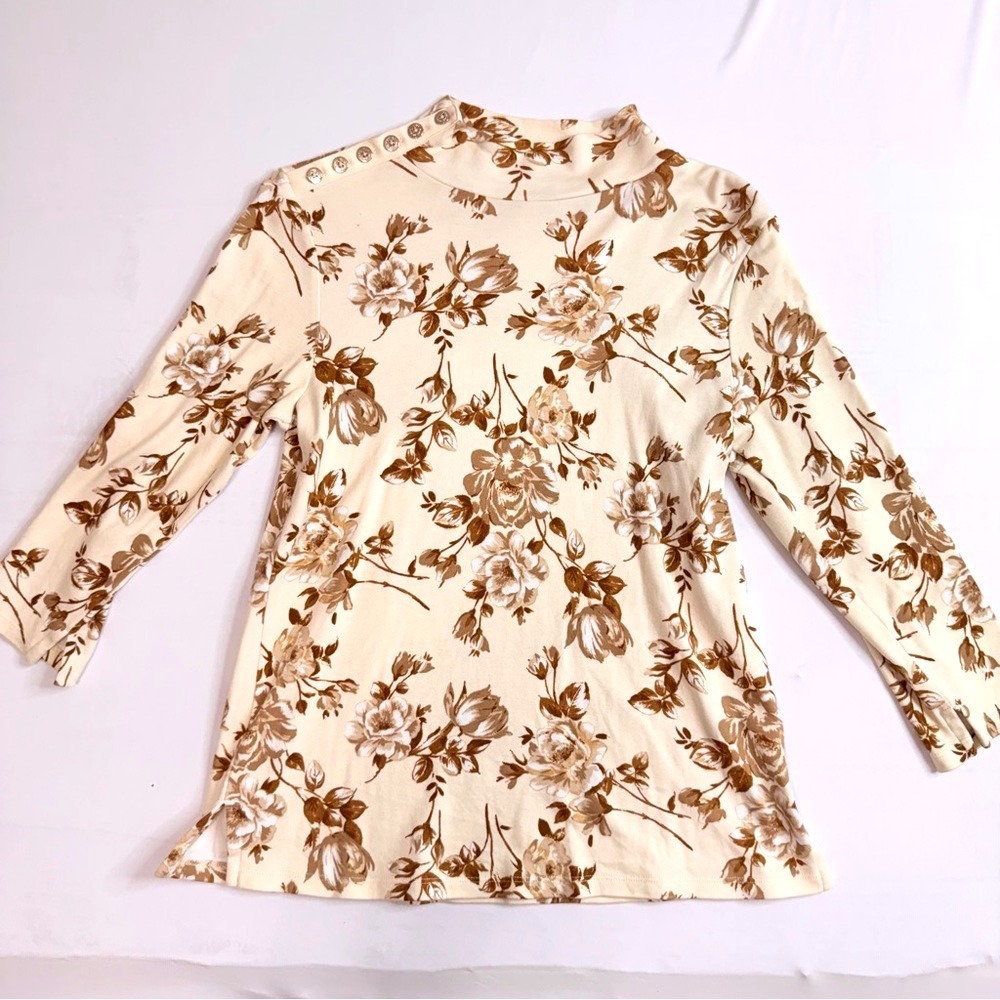 Estate Isaac Mizrahi Live Floral Mock Neck Button Shoulder Top Cream Brown XS
